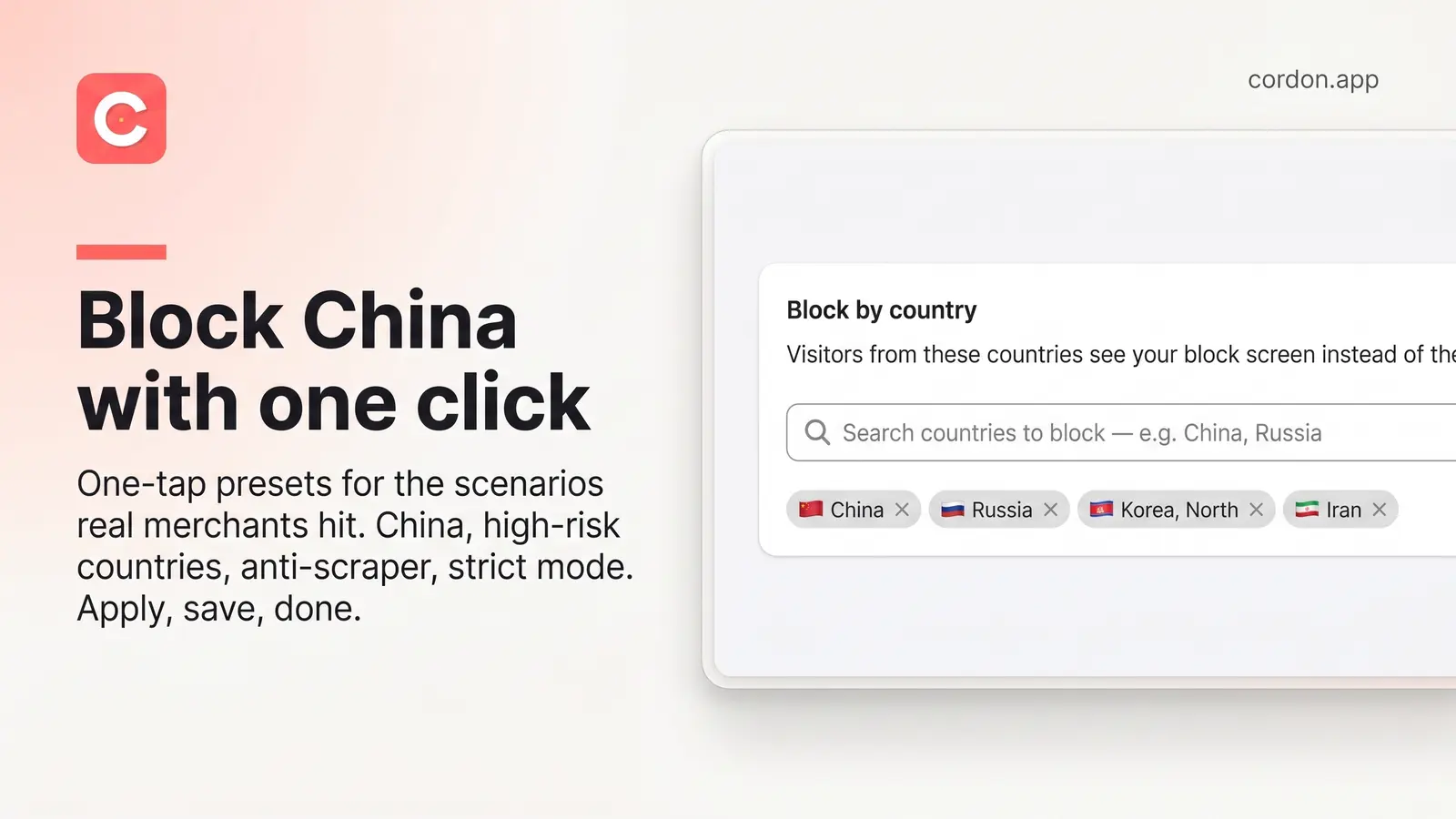 Blocking a country in Cordon: search for a country and block it with a single click